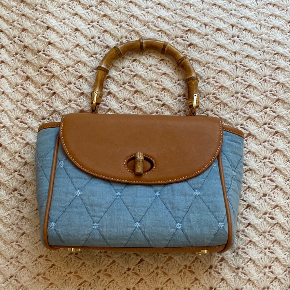 J.McLaughlin blue and tan handbag with bamboo handle and striped interior